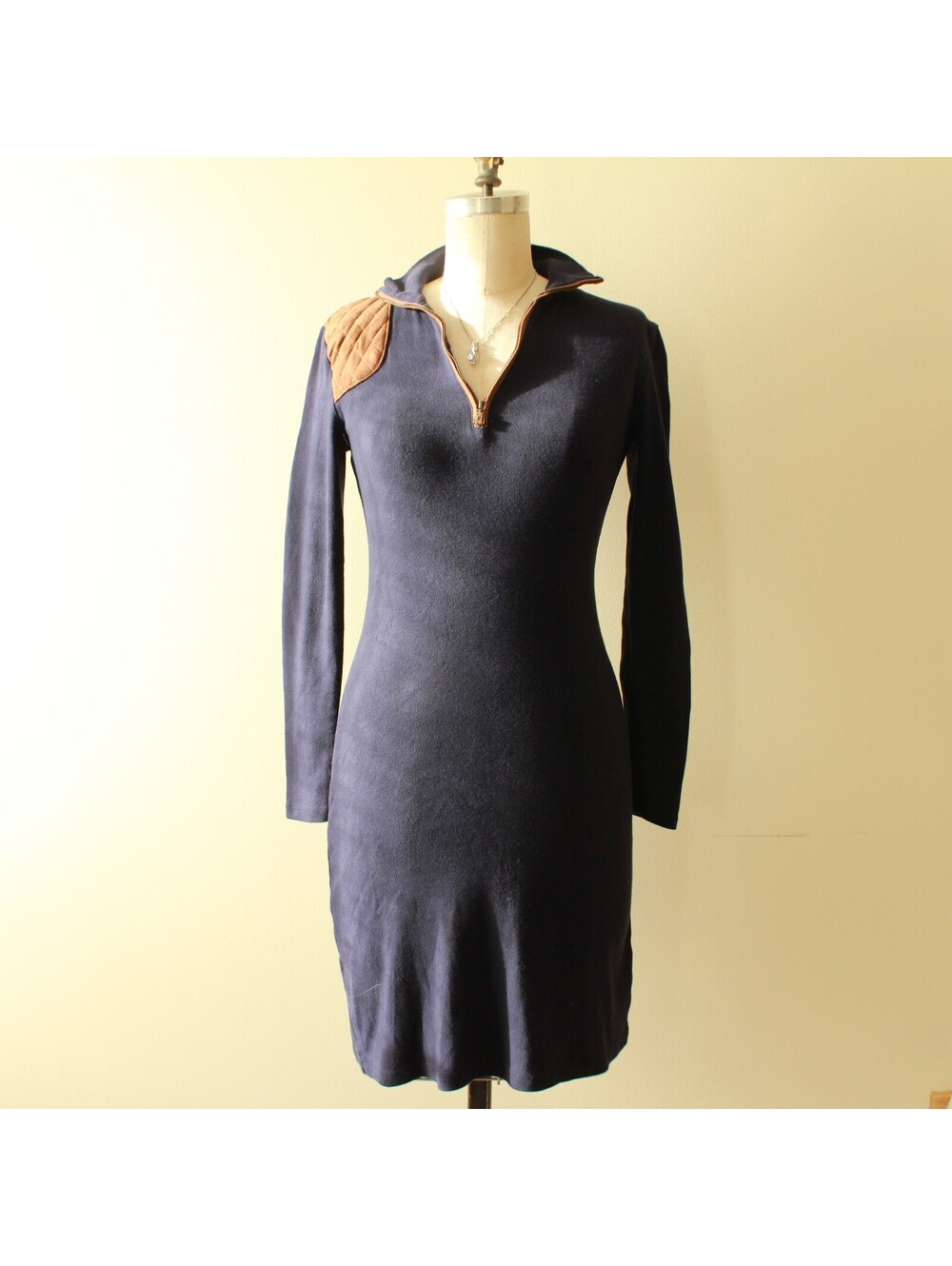 Ralph Lauren Navy Suede Detail Quarter-Zip Long Sleeve Dress XS